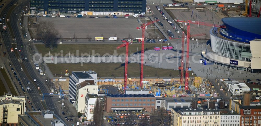 Berlin from above - Construction site to build a new hotel and office campus on the Anschutz area in the district of Friedrichshain in Berlin. Porr Solutions Germany GmbH is the owner and developer of the property