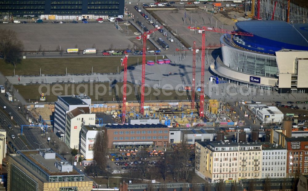 Berlin from the bird's eye view: Construction site to build a new hotel and office campus on the Anschutz area in the district of Friedrichshain in Berlin. Porr Solutions Germany GmbH is the owner and developer of the property