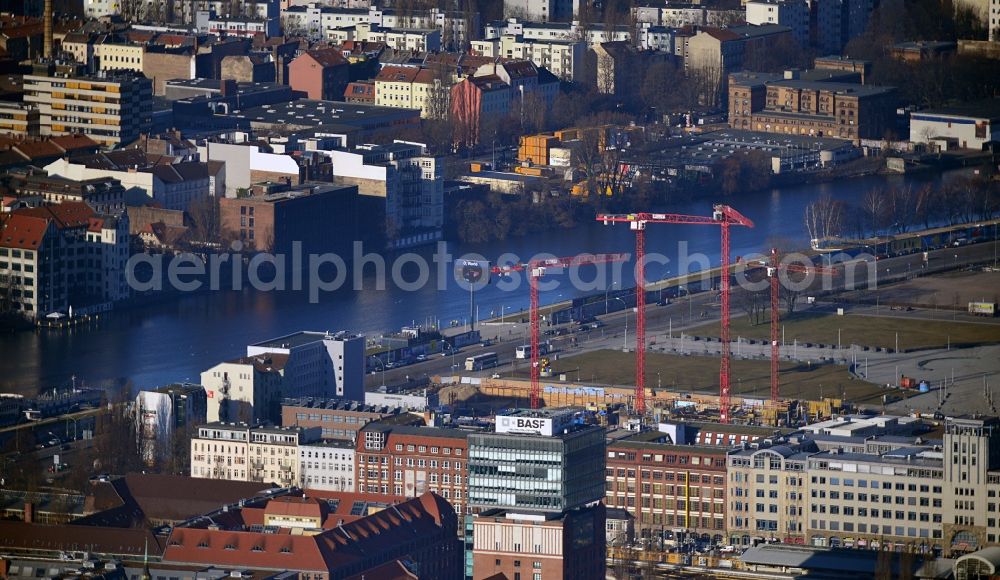 Aerial image Berlin - Construction site to build a new hotel and office campus on the Anschutz area in the district of Friedrichshain in Berlin. Porr Solutions Germany GmbH is the owner and developer of the property