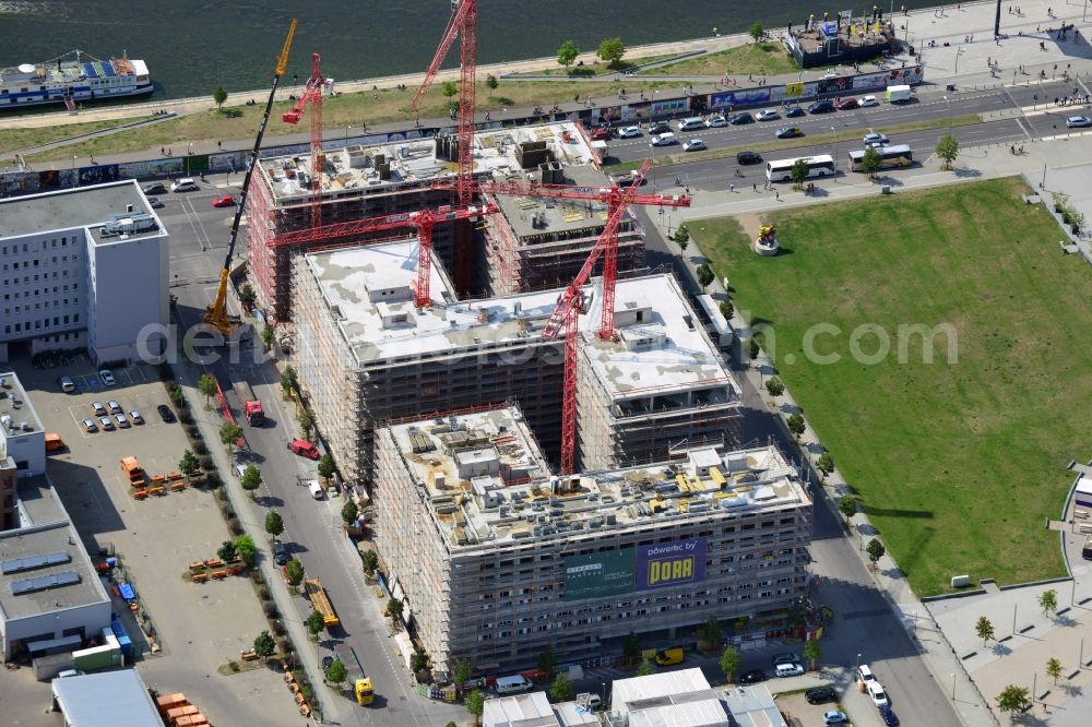 Aerial image Berlin - Construction site to build a new hotel and office campus on the Anschutz area in the district of Friedrichshain in Berlin. Porr Solutions Germany GmbH is the owner and developer of the property