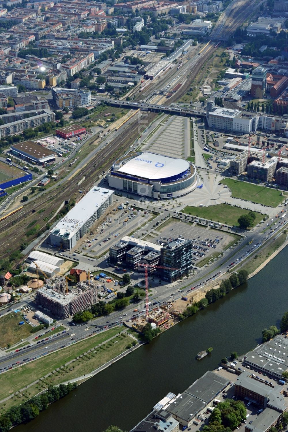 Aerial image Berlin - Construction site to build a new hotel and office campus on the Anschutz area in the district of Friedrichshain in Berlin. Porr Solutions Germany GmbH is the owner and developer of the property