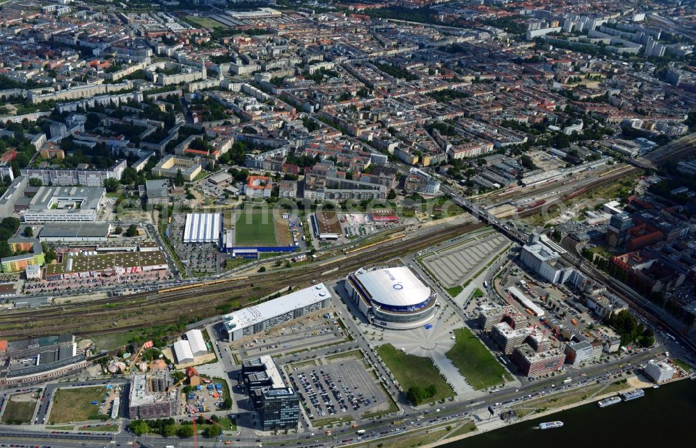 Aerial photograph Berlin - Construction site to build a new hotel and office campus on the Anschutz area in the district of Friedrichshain in Berlin. Porr Solutions Germany GmbH is the owner and developer of the property