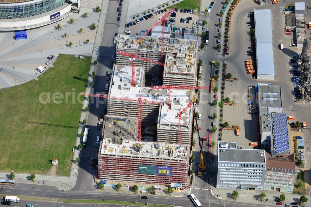 Berlin from the bird's eye view: Construction site to build a new hotel and office campus on the Anschutz area in the district of Friedrichshain in Berlin. Porr Solutions Germany GmbH is the owner and developer of the property