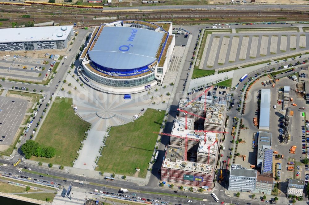 Aerial image Berlin - Construction site to build a new hotel and office campus on the Anschutz area in the district of Friedrichshain in Berlin. Porr Solutions Germany GmbH is the owner and developer of the property