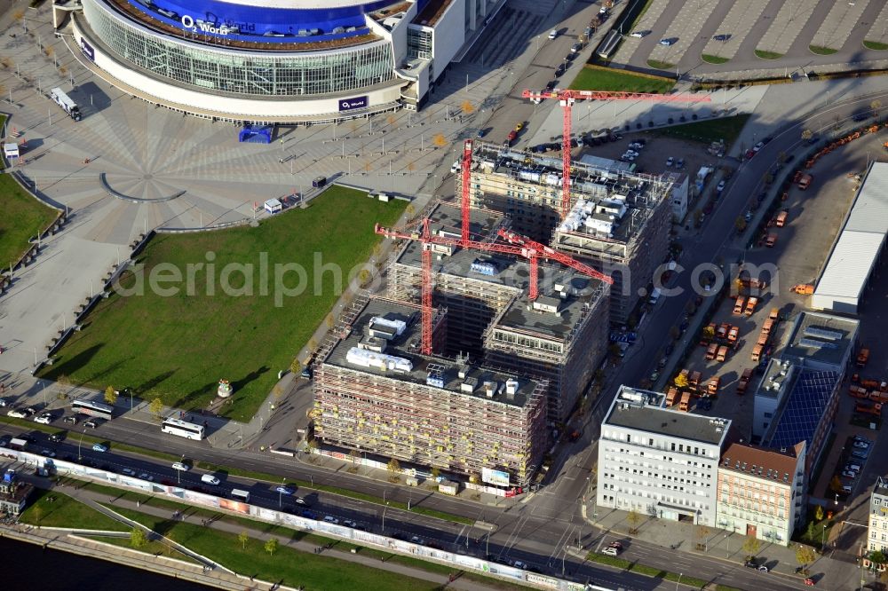 Aerial image Berlin - Construction site to build a new hotel and office campus on the Anschutz area in the district of Friedrichshain in Berlin. Porr Solutions Germany GmbH is the owner and developer of the property