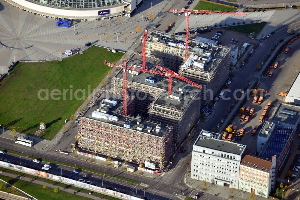 Aerial photograph Berlin - Construction site to build a new hotel and office campus on the Anschutz area in the district of Friedrichshain in Berlin. Porr Solutions Germany GmbH is the owner and developer of the property