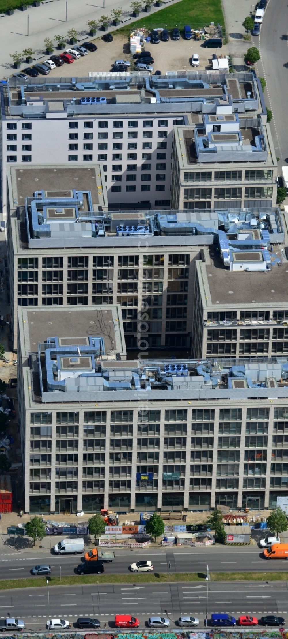 Aerial image Berlin - Construction site to build a new hotel and office campus on the Anschutz area in the district of Friedrichshain in Berlin. Porr Solutions Germany GmbH is the owner and developer of the property