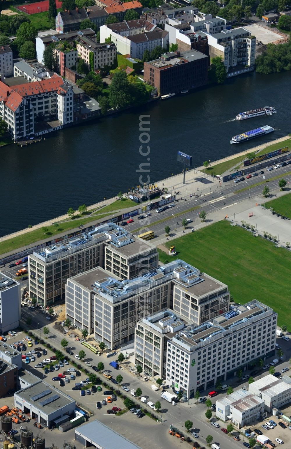 Aerial image Berlin - Construction site to build a new hotel and office campus on the Anschutz area in the district of Friedrichshain in Berlin. Porr Solutions Germany GmbH is the owner and developer of the property