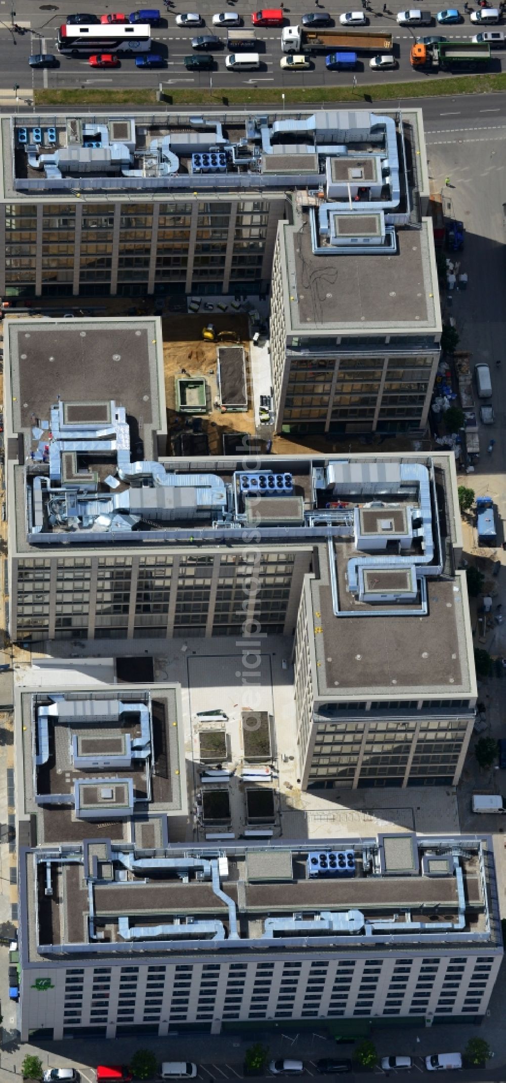 Aerial photograph Berlin - Construction site to build a new hotel and office campus on the Anschutz area in the district of Friedrichshain in Berlin. Porr Solutions Germany GmbH is the owner and developer of the property