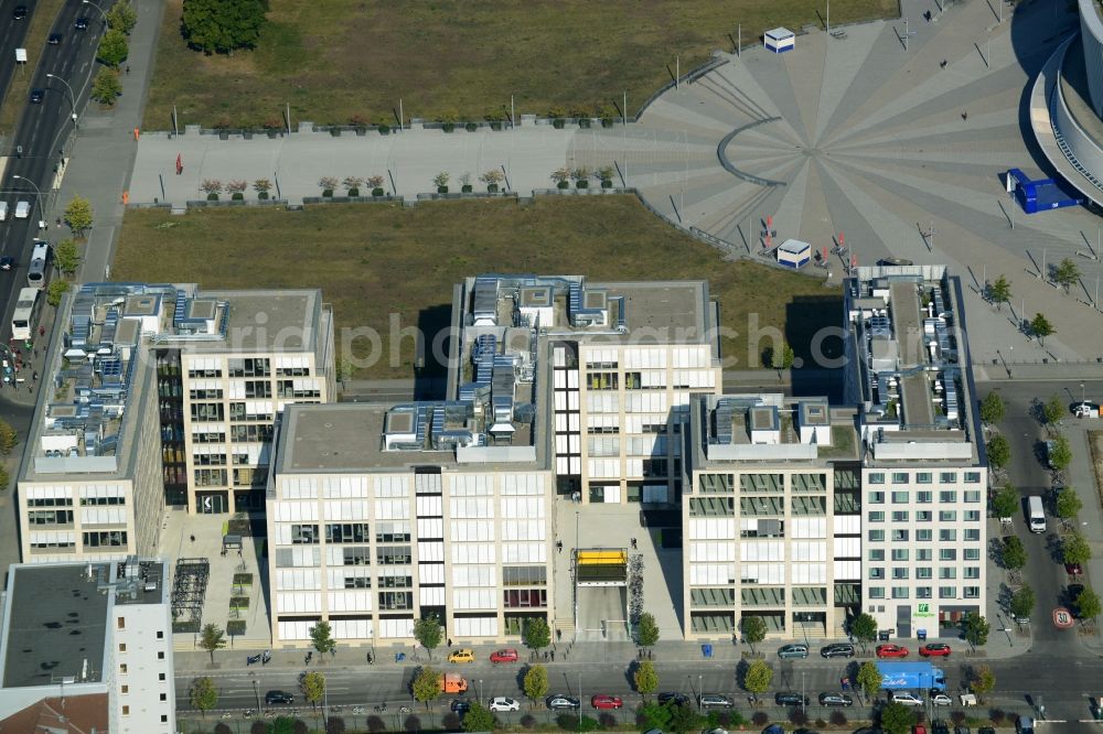 Aerial photograph Berlin - Construction site to build a new hotel and office campus on the Anschutz area in the district of Friedrichshain in Berlin. Porr Solutions Germany GmbH is the owner and developer of the property