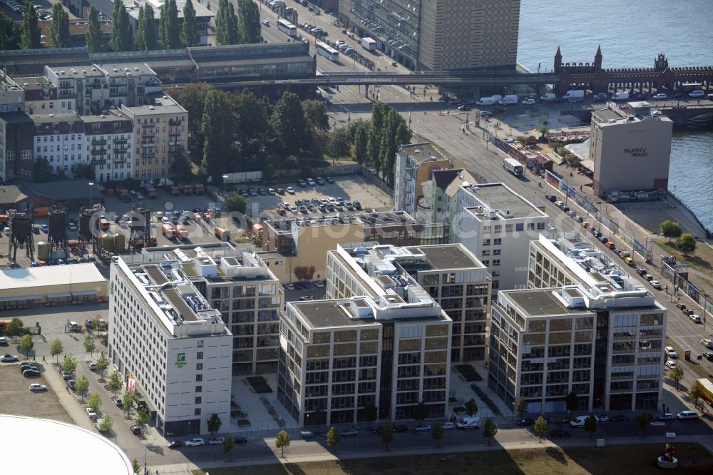 Aerial image Berlin - Construction site to build a new hotel and office campus on the Anschutz area in the district of Friedrichshain in Berlin. Porr Solutions Germany GmbH is the owner and developer of the property