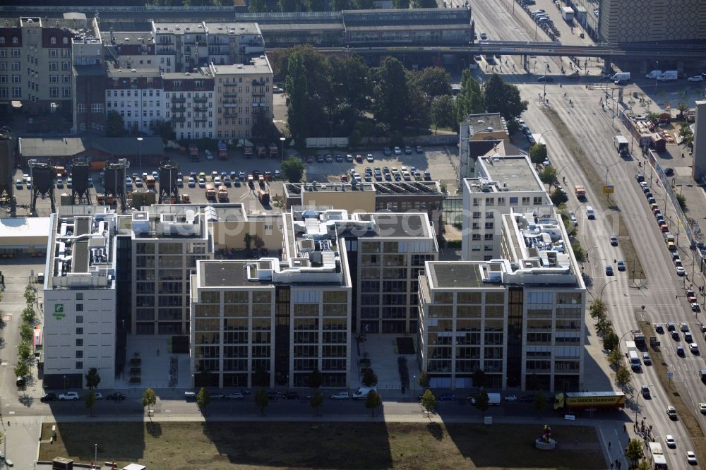 Aerial photograph Berlin - Construction site to build a new hotel and office campus on the Anschutz area in the district of Friedrichshain in Berlin. Porr Solutions Germany GmbH is the owner and developer of the property