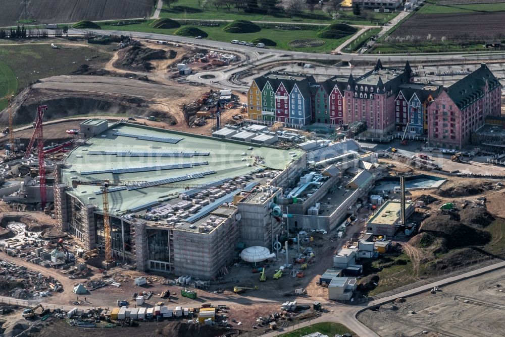 Aerial image Rust - Construction for the new building of the spa and swimming pool at the swimming pool of Recreation Europa-Park in Rust in the state Baden-Wurttemberg