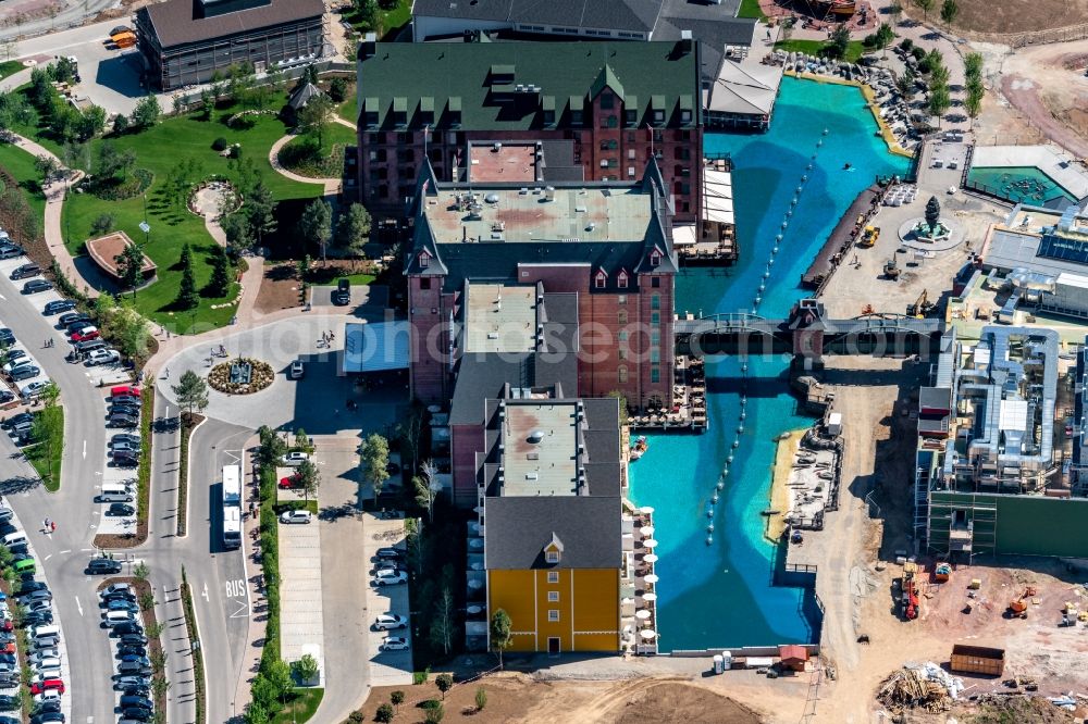 Aerial image Rust - Construction for the new building of the spa and swimming pool at the swimming pool of Recreation Europa-Park in Rust in the state Baden-Wurttemberg