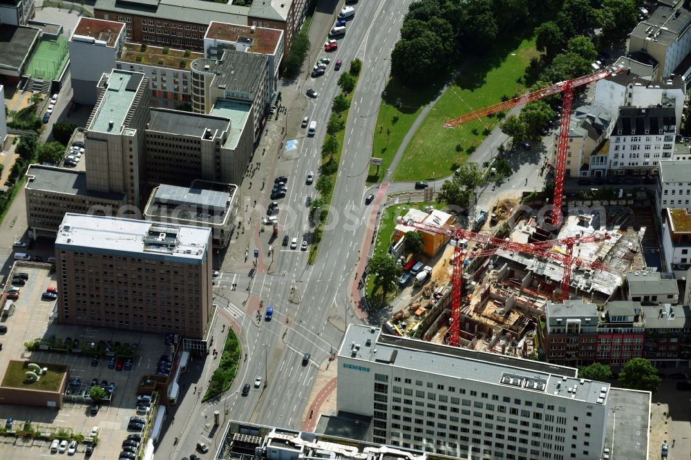 Aerial photograph Hamburg - New construction site the hotel complex Adenauerallee corner Lindenstrasse in the district Borgfelde in Hamburg, Germany