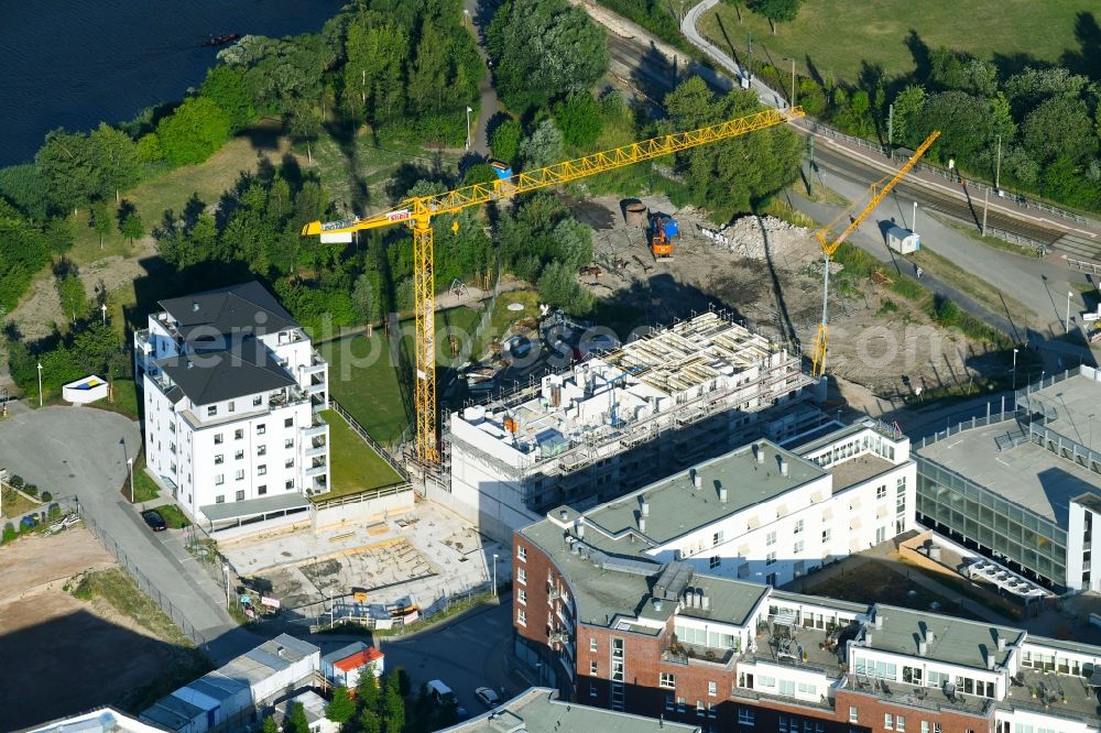 Rostock from above - New construction site the hotel complex of Baum Hotel Immobilien Rostock GmbH on Gaffelschonerweg in Rostock in the state Mecklenburg - Western Pomerania, Germany