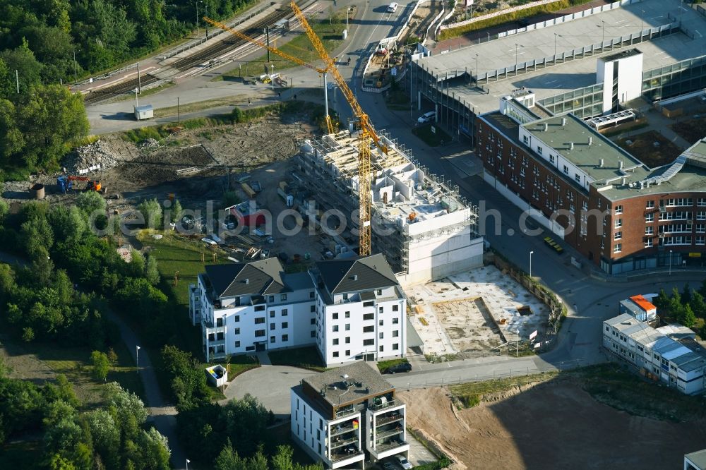 Rostock from above - New construction site the hotel complex of Baum Hotel Immobilien Rostock GmbH on Gaffelschonerweg in Rostock in the state Mecklenburg - Western Pomerania, Germany