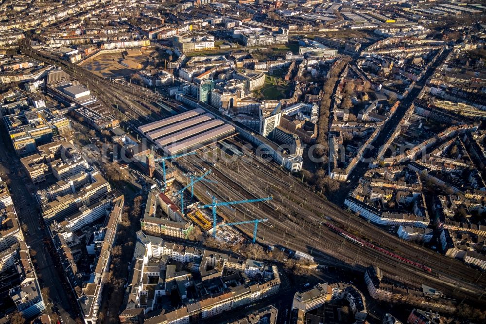 Düsseldorf from the bird's eye view: New construction site the hotel complex on Harkortstrasse in Duesseldorf in the state North Rhine-Westphalia, Germany