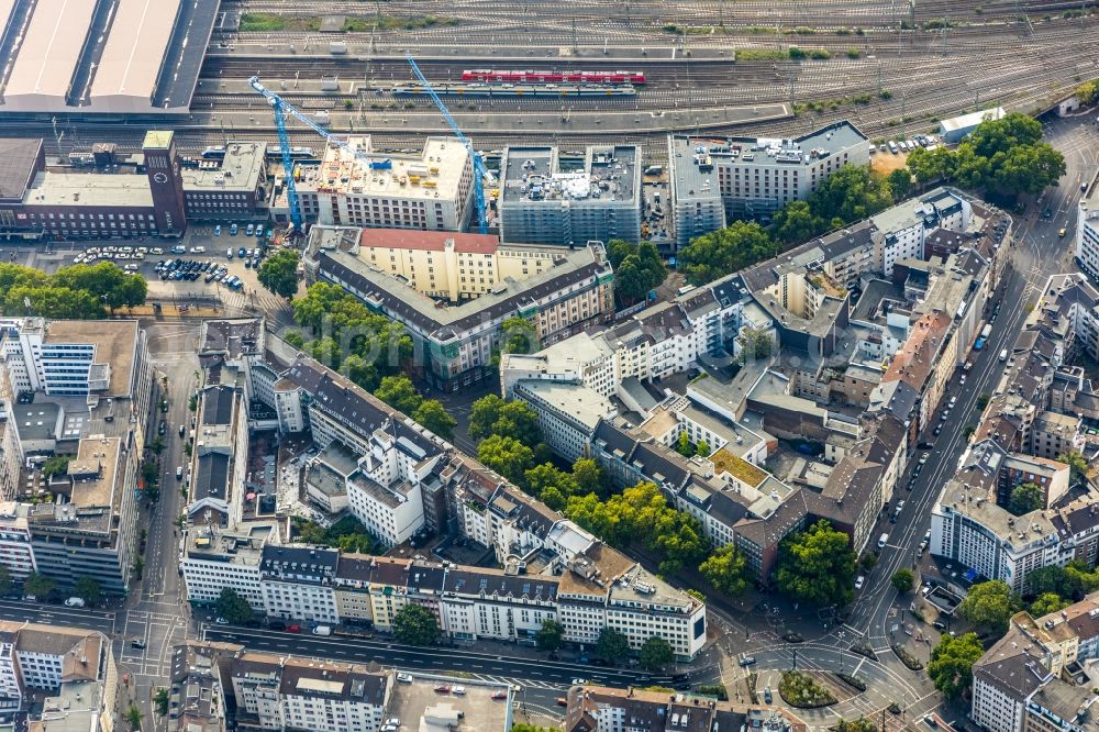 Düsseldorf from the bird's eye view: New construction site the hotel complex on Harkortstrasse in Duesseldorf in the state North Rhine-Westphalia, Germany