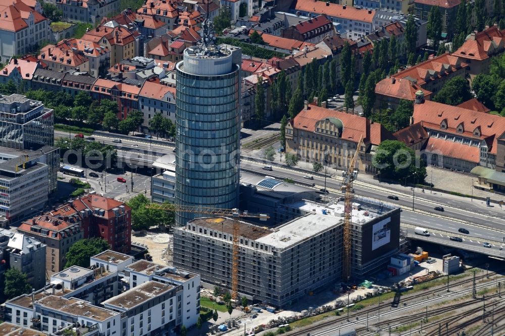 München from above - New construction site the hotel complex of Hilton Munich City on Landsberger Strasse in the district Neuhausen-Nymphenburg in Munich in the state Bavaria, Germany