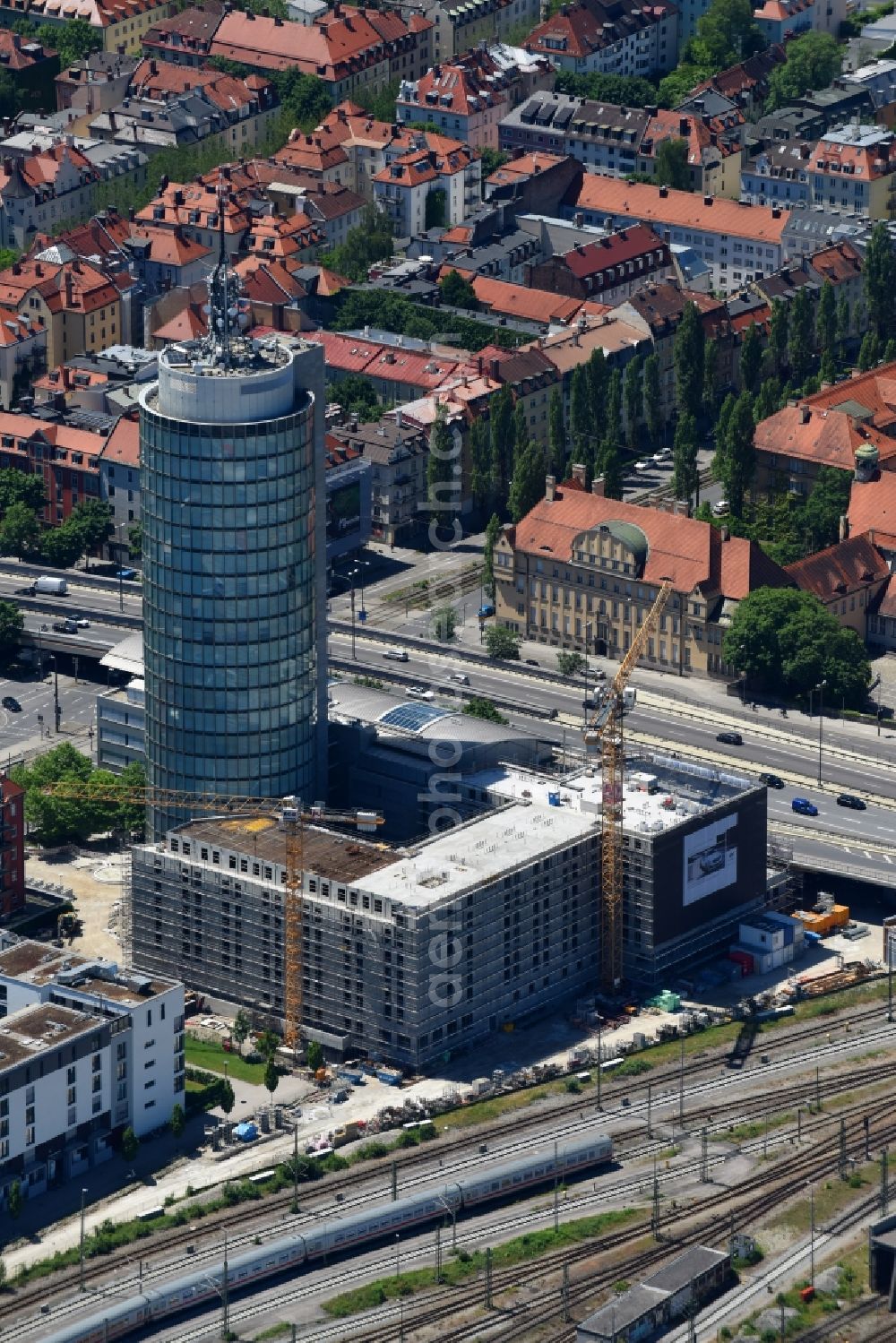 München from the bird's eye view: New construction site the hotel complex of Hilton Munich City on Landsberger Strasse in the district Neuhausen-Nymphenburg in Munich in the state Bavaria, Germany