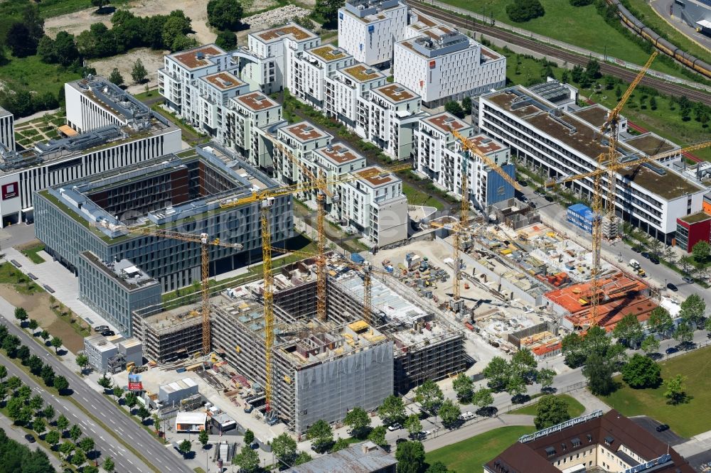 München from above - New construction site the hotel complex H2 Hotel Muenchen Olympiapark on Moosacher Strasse in the district Milbertshofen-Am Hart in Munich in the state Bavaria, Germany