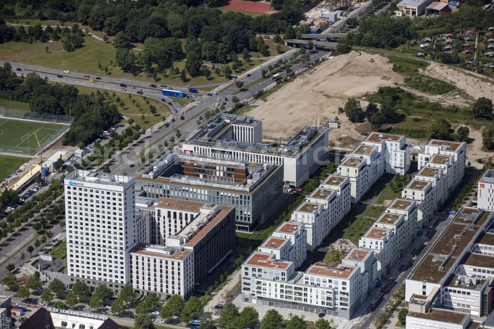Aerial photograph München - New construction site the hotel complex H2 Hotel Muenchen Olympiapark on Moosacher Strasse in the district Milbertshofen-Am Hart in Munich in the state Bavaria, Germany