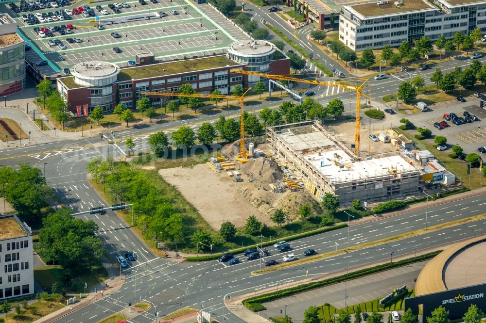 Oberhausen from above - New construction site the hotel complex Hotels Holiday Inn Express in Oberhausen between Centroallee and Osterfelder Strasse in Oberhausen in the state North Rhine-Westphalia, Germany