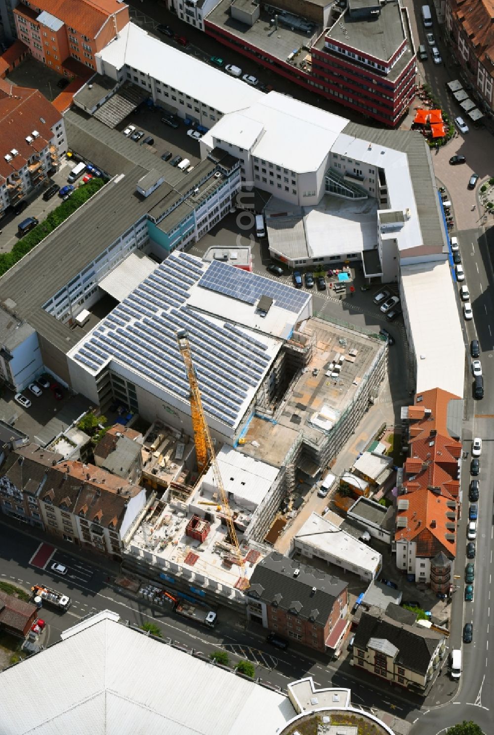 Aschaffenburg from above - New construction site the hotel complex Ibis Styles Hotels on Elisenstrasse in the district Innenstadt in Aschaffenburg in the state Bavaria, Germany