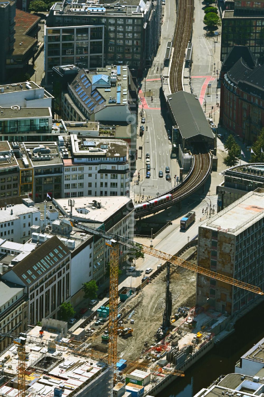 Hamburg from above - New construction site of the hotel complex between the Alsterfleet canal and the Alter Wall street in the Altstadt district of Hamburg, Germany