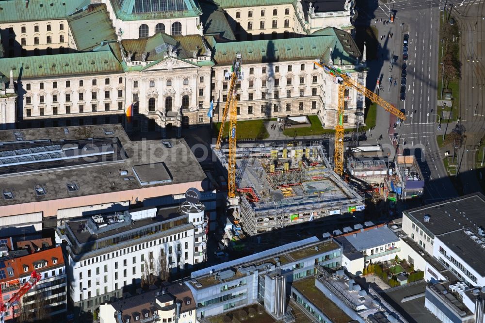 München from above - New construction site the hotel complex Koenigshof on Bayerstrasse - Karlsplatz - Prielmayerstrasse in the district Ludwigsvorstadt-Isarvorstadt in Munich in the state Bavaria, Germany