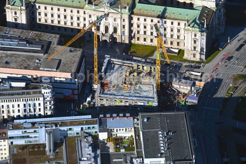 Aerial image München - New construction site the hotel complex Koenigshof on Bayerstrasse - Karlsplatz - Prielmayerstrasse in the district Ludwigsvorstadt-Isarvorstadt in Munich in the state Bavaria, Germany