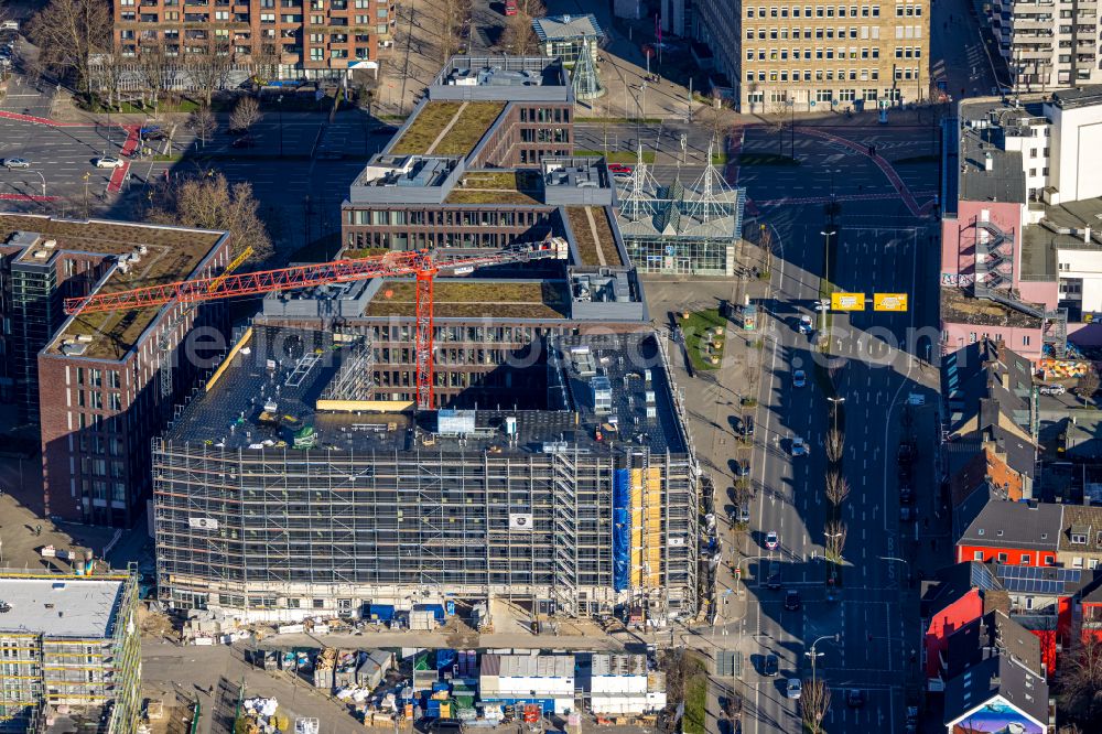 Dortmund from the bird's eye view: New construction site the hotel complex Moxy Hotel Dortmund on Emil-Schumacher-Strasse - Annelise-Kretschmer-Strasse in the district Westpark in Dortmund at Ruhrgebiet in the state North Rhine-Westphalia, Germany