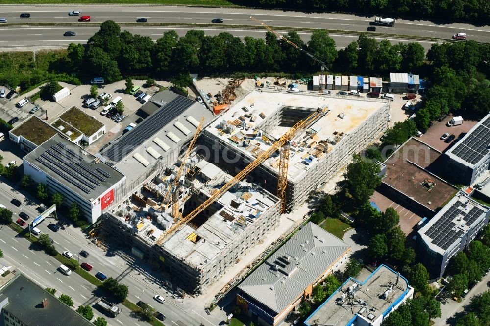 München from above - New construction site the hotel complex niu Loco in the district Schwabing-Freimann in Munich in the state Bavaria, Germany