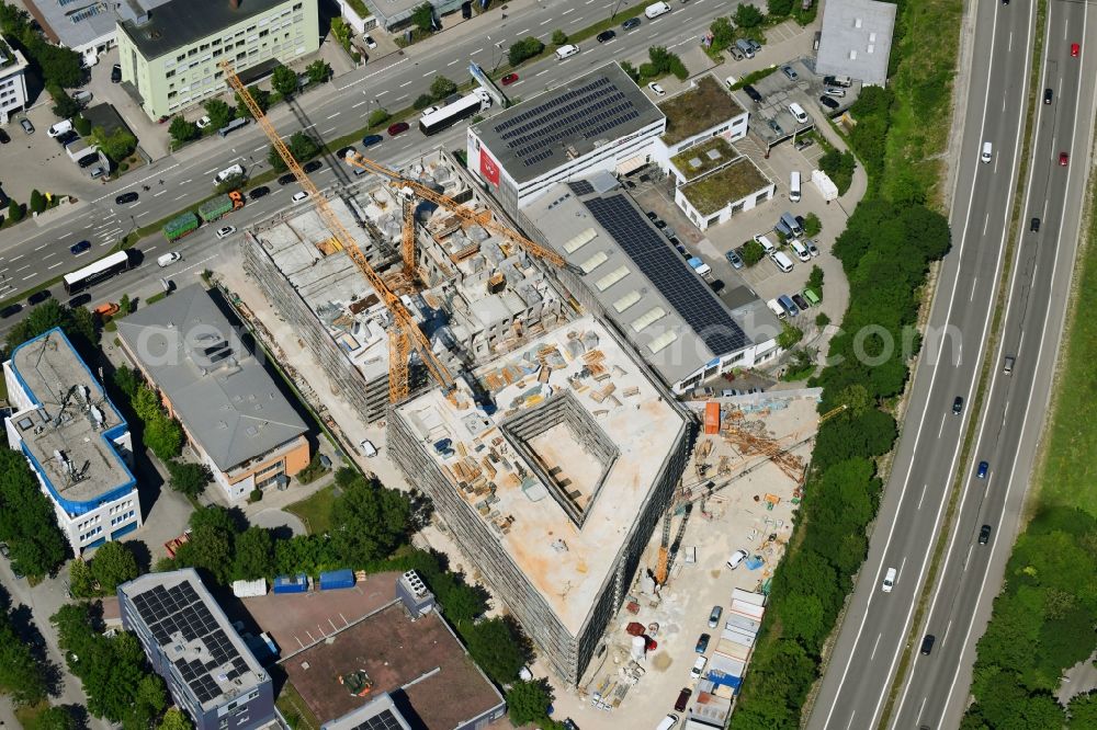 München from the bird's eye view: New construction site the hotel complex niu Loco in the district Schwabing-Freimann in Munich in the state Bavaria, Germany