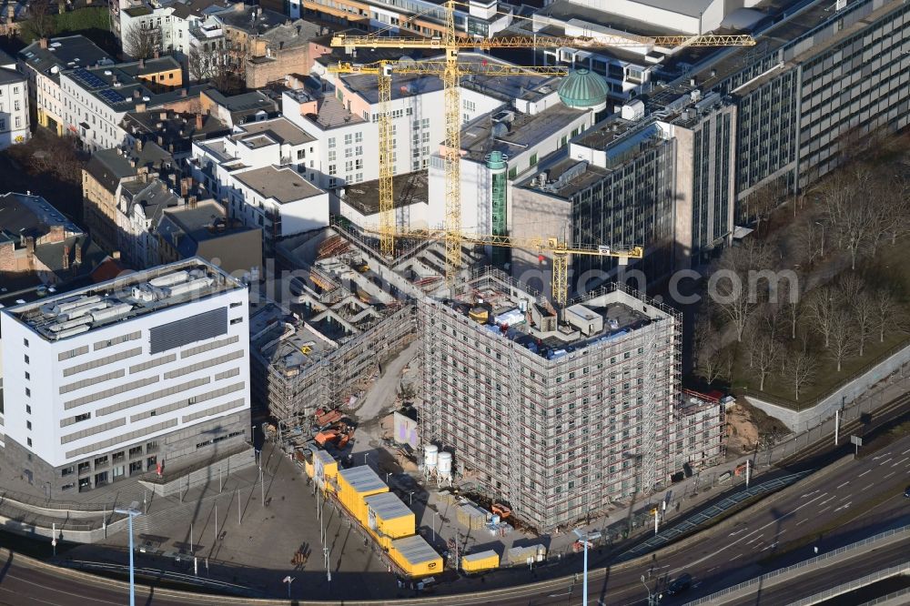 Aerial image Halle (Saale) - New construction site the hotel complex niu ridge Hotel on Riebeckplatz in Halle (Saale) in the state Saxony-Anhalt, Germany