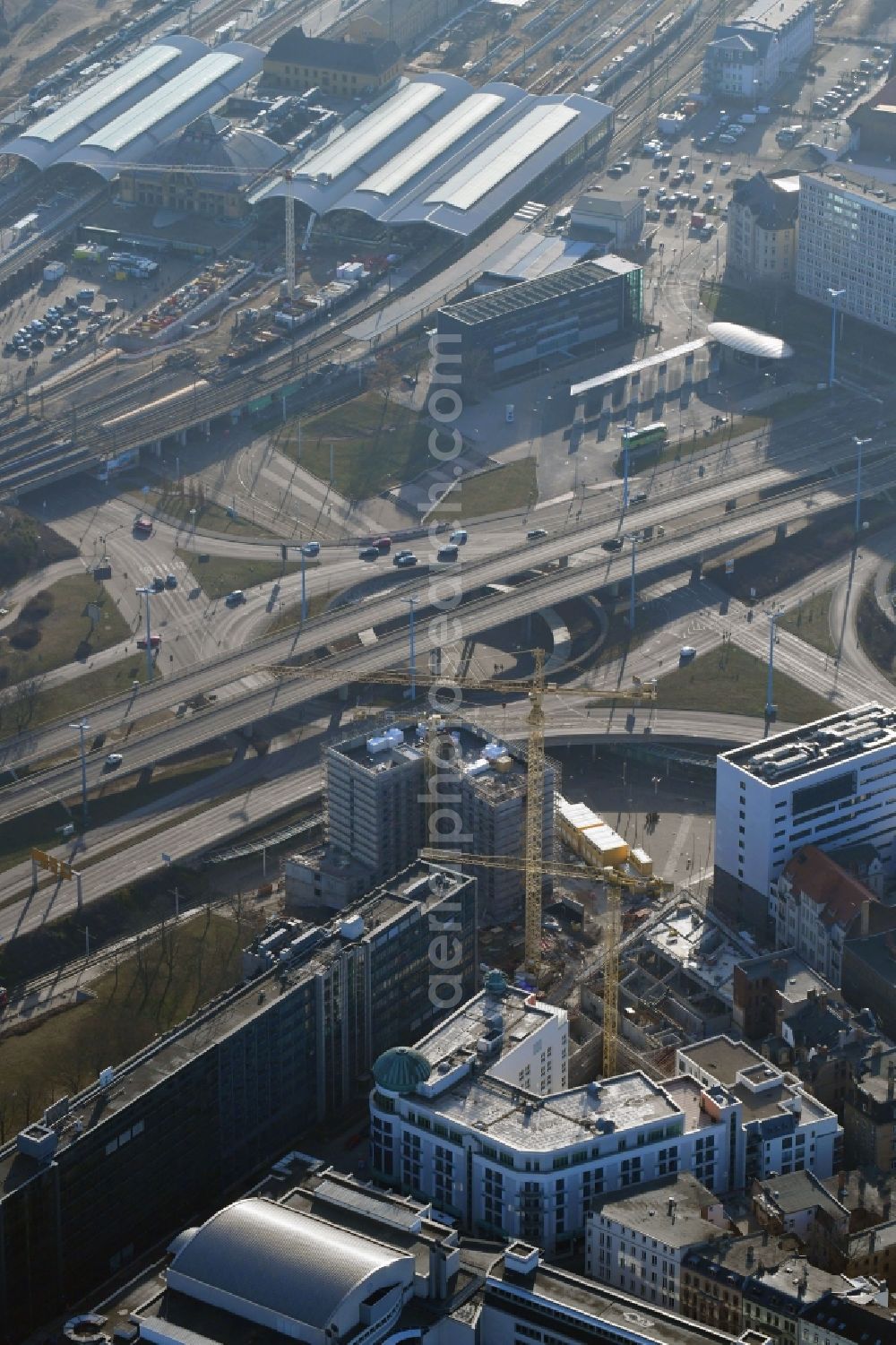 Halle (Saale) from above - New construction site the hotel complex niu ridge Hotel on Riebeckplatz in Halle (Saale) in the state Saxony-Anhalt, Germany