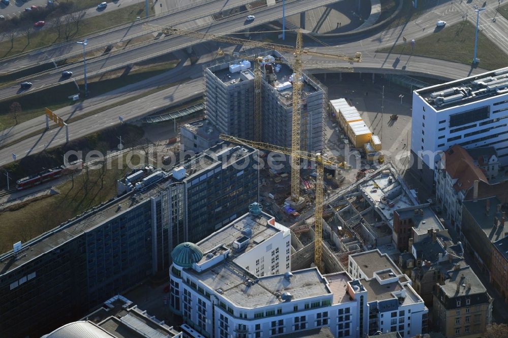 Halle (Saale) from the bird's eye view: New construction site the hotel complex niu ridge Hotel on Riebeckplatz in Halle (Saale) in the state Saxony-Anhalt, Germany