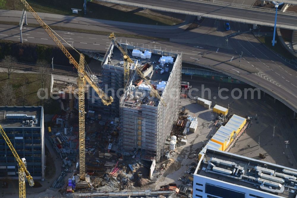 Aerial image Halle (Saale) - New construction site the hotel complex niu ridge Hotel on Riebeckplatz in Halle (Saale) in the state Saxony-Anhalt, Germany