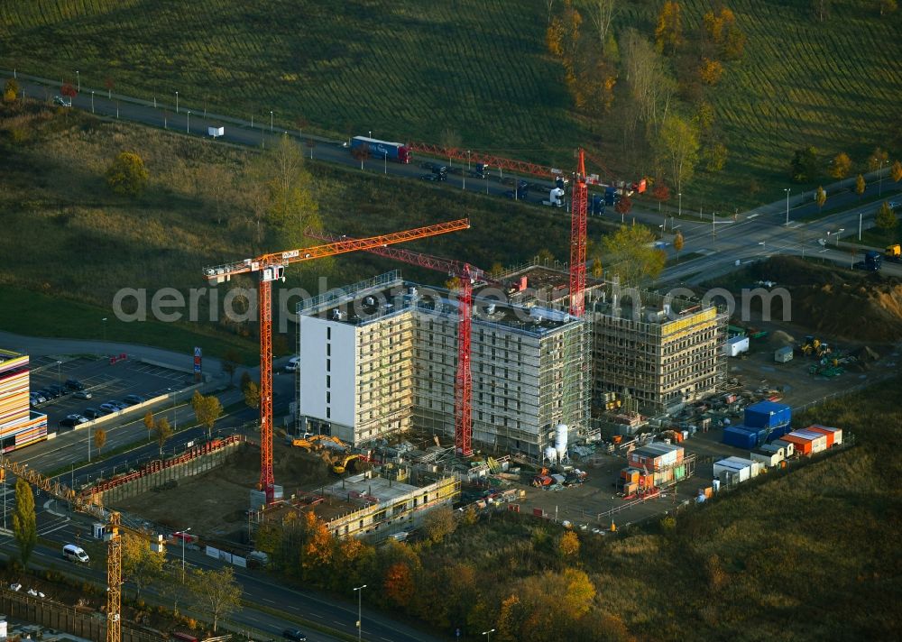 Berlin from above - New construction site the hotel complex Alexander-Meissner-Strasse corner Am Seegraben in the district Bohnsdorf in Berlin, Germany