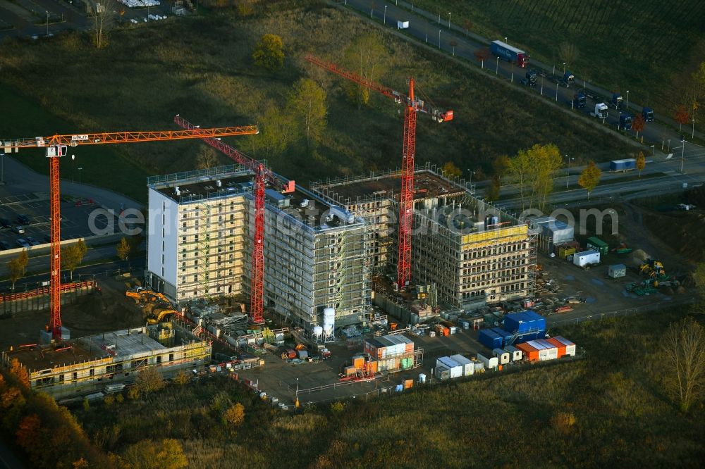 Berlin from above - New construction site the hotel complex Alexander-Meissner-Strasse corner Am Seegraben in the district Bohnsdorf in Berlin, Germany