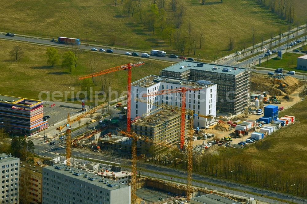 Berlin from above - New construction site the hotel complex Alexander-Meissner-Strasse corner Am Seegraben in the district Bohnsdorf in Berlin, Germany