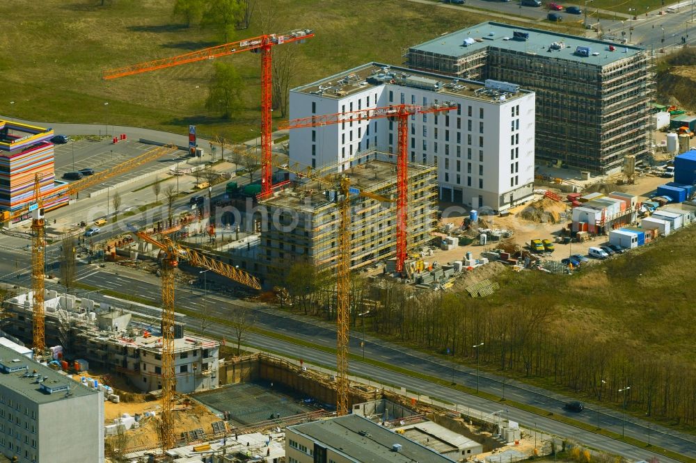 Aerial image Berlin - New construction site the hotel complex Alexander-Meissner-Strasse corner Am Seegraben in the district Bohnsdorf in Berlin, Germany