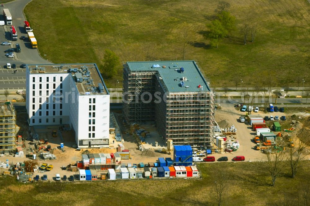 Berlin from the bird's eye view: New construction site the hotel complex Alexander-Meissner-Strasse corner Am Seegraben in the district Bohnsdorf in Berlin, Germany