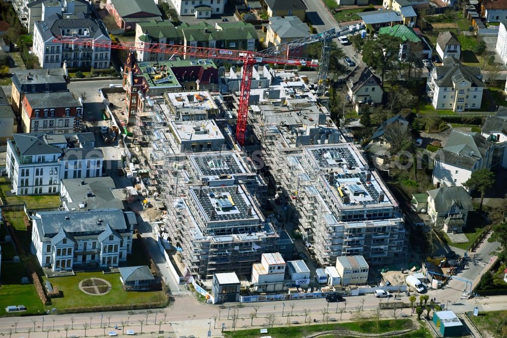 Seebad Ahlbeck from above - New construction site the hotel complex between Goethestrasse - Rathenaustrasse - Duenenstrasse in Seebad Ahlbeck in the state Mecklenburg - Western Pomerania, Germany