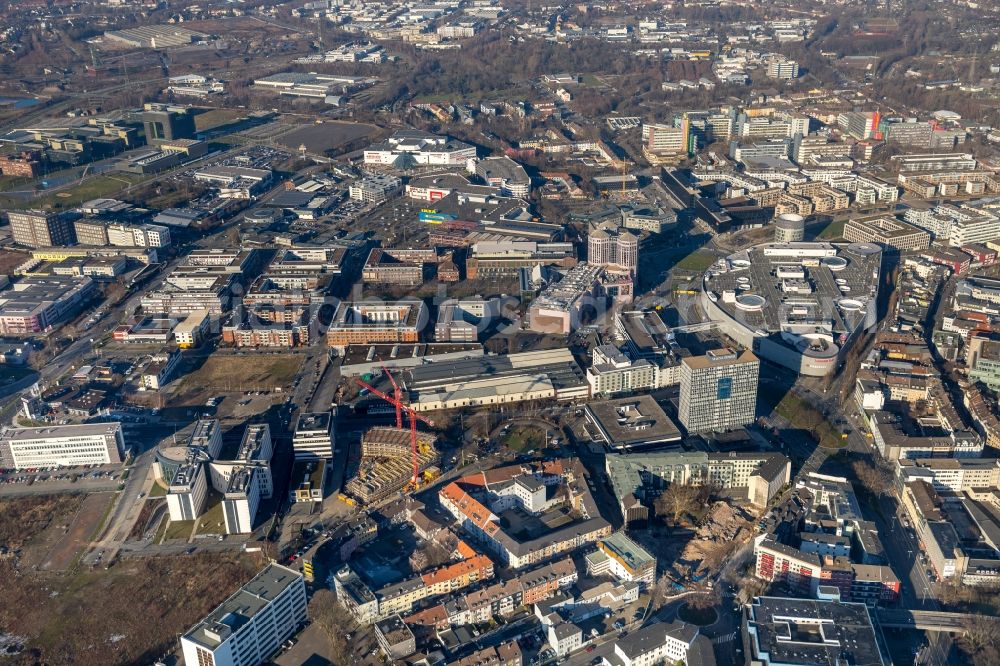 Essen from the bird's eye view: New construction site the hotel complex on Schwanenkampstrasse - Ottilienstrasse in Essen in the state North Rhine-Westphalia, Germany