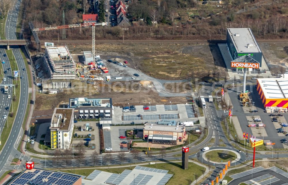 Oberhausen from above - New construction site the hotel complex Super 8 through the REAL Estate Development GmbH on Bronmenring in Oberhausen in the state North Rhine-Westphalia, Germany