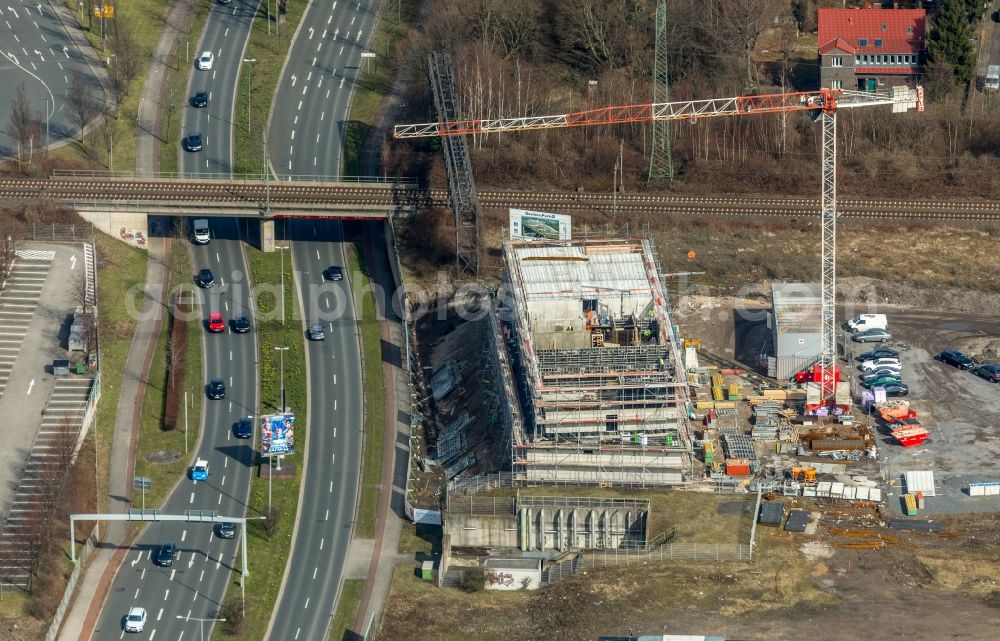 Oberhausen from the bird's eye view: New construction site the hotel complex Super 8 through the REAL Estate Development GmbH on Bronmenring in Oberhausen in the state North Rhine-Westphalia, Germany