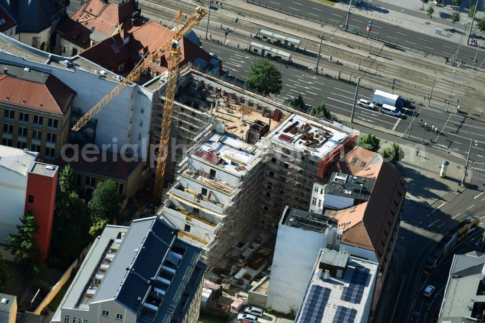 Leipzig from the bird's eye view: New construction site the hotel complex of Travel24.com AG formerly Ring-Messehaus on Troendlinring in Leipzig in the state Saxony