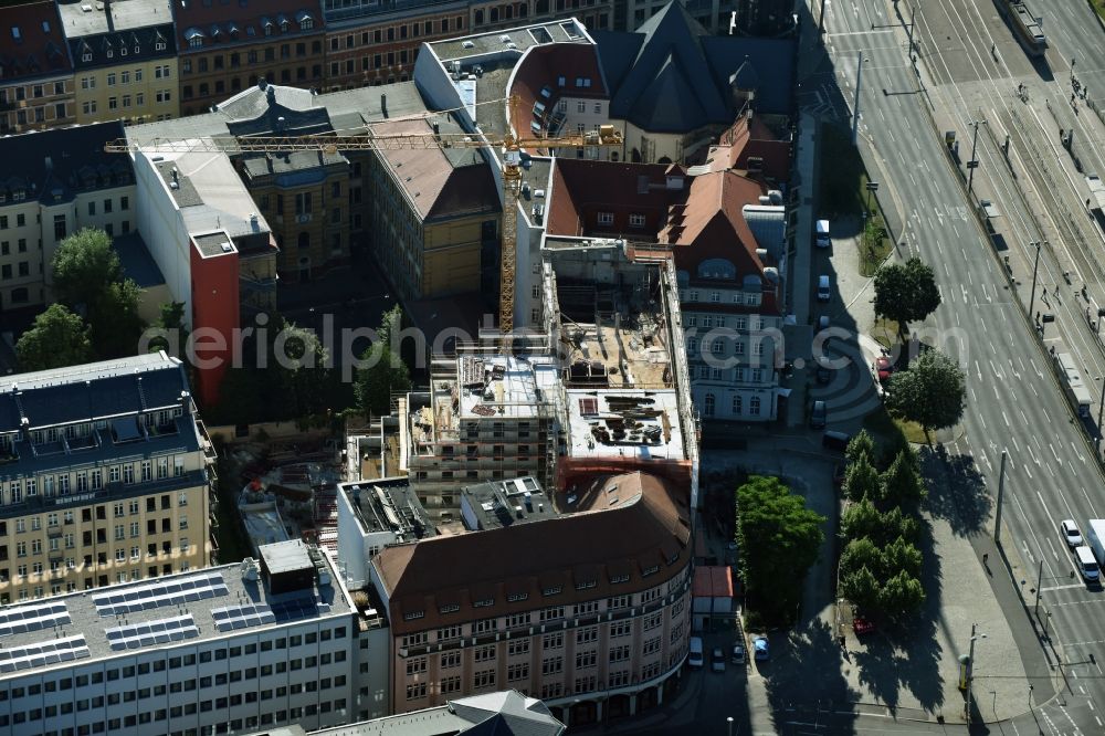 Leipzig from above - New construction site the hotel complex of Travel24.com AG formerly Ring-Messehaus on Troendlinring in Leipzig in the state Saxony